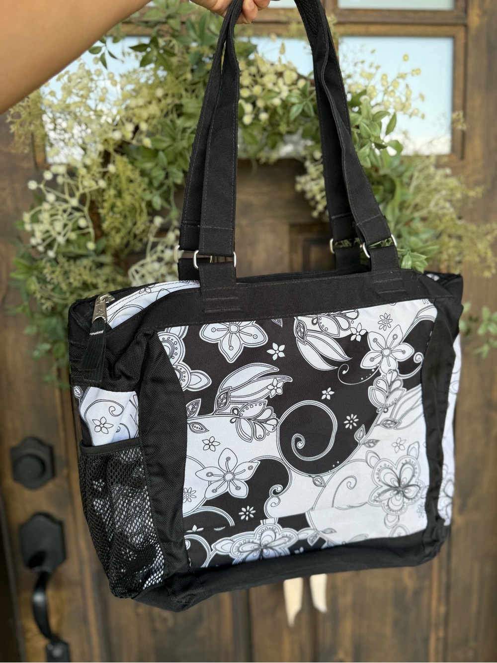 Y2K vintage JanSport Black & White Floral Tote Bag - Picture 2 of 3